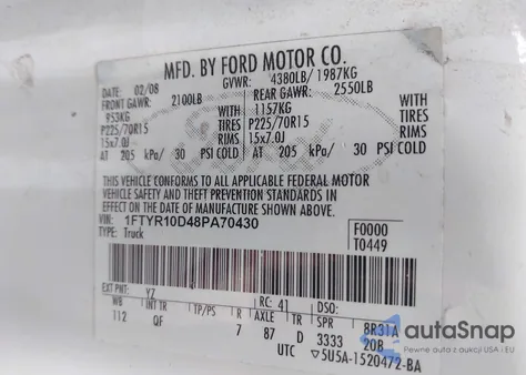 2008 Ford Ranger Xl/Xlt from USA, damaged, VIN 1FTYR10D48PA70430